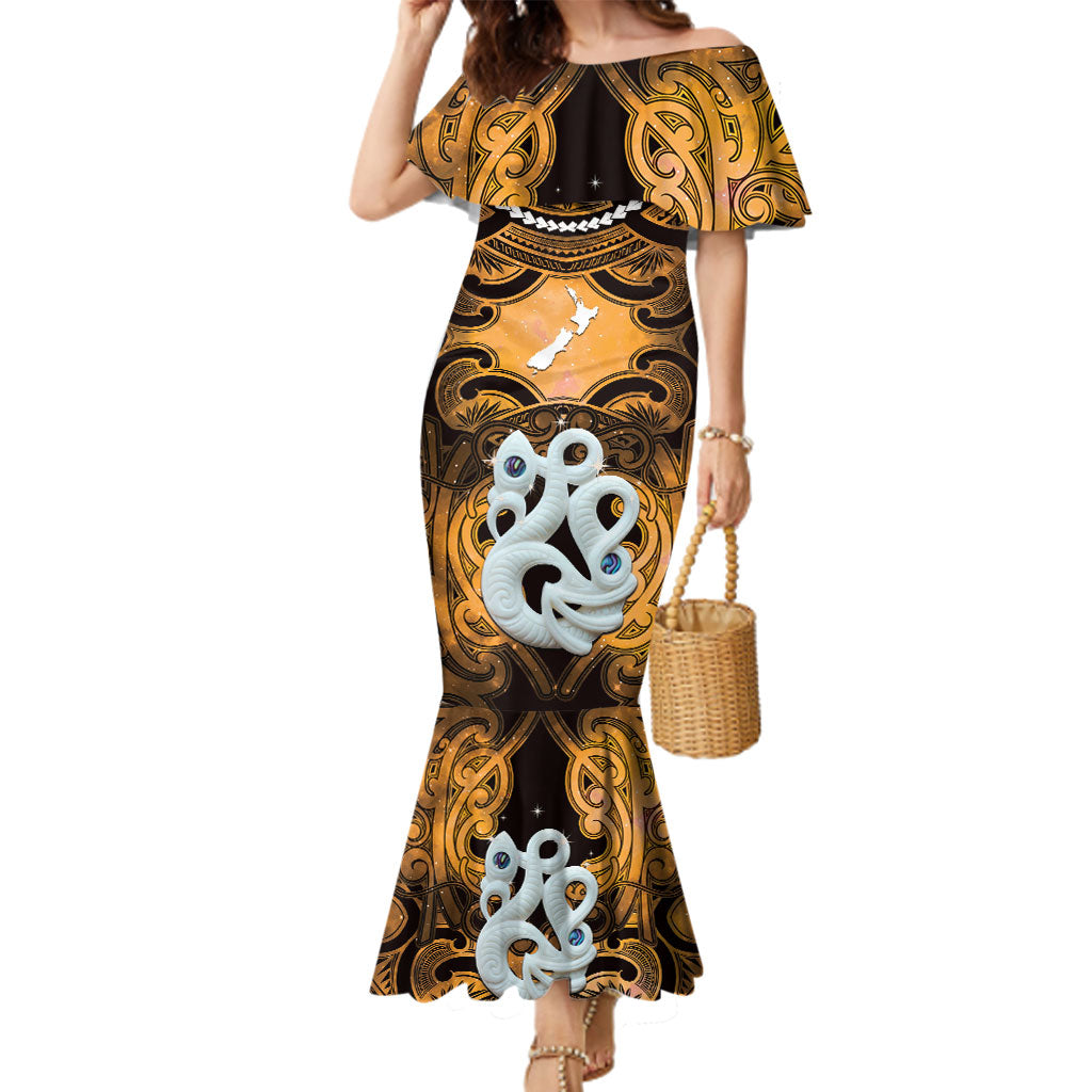 Personalised Maori Matariki Manaia Kowhai Family Matching Mermaid Dress and Hawaiian Shirt Maori Kowhaiwhai Pattern Galaxy LT01 Mom's Dress Yellow - Polynesian Pride