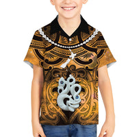 Personalised Maori Matariki Manaia Kowhai Family Matching Off The Shoulder Long Sleeve Dress and Hawaiian Shirt Maori Kowhaiwhai Pattern Galaxy LT01 Son's Shirt Yellow - Polynesian Pride