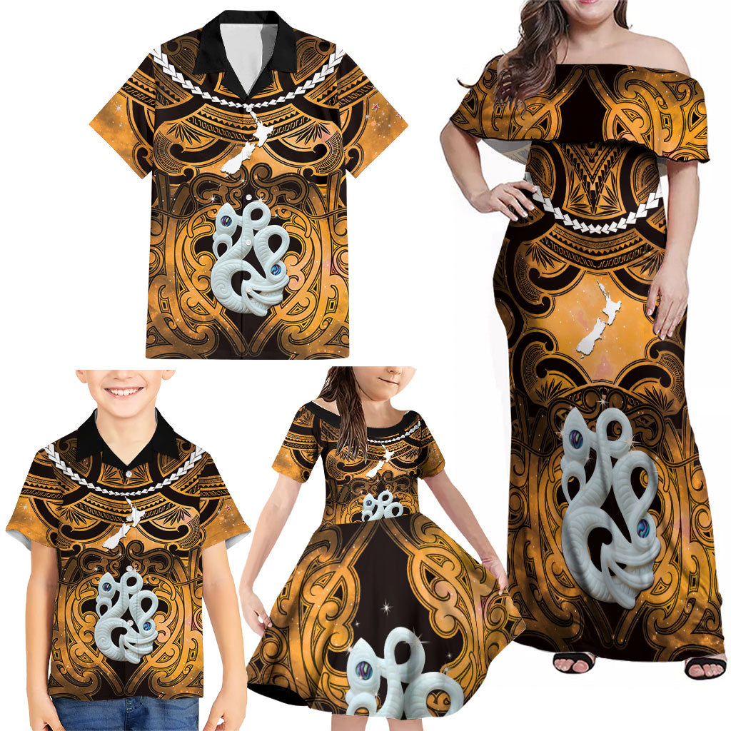 Personalised Maori Matariki Manaia Kowhai Family Matching Off Shoulder Maxi Dress and Hawaiian Shirt Maori Kowhaiwhai Pattern Galaxy