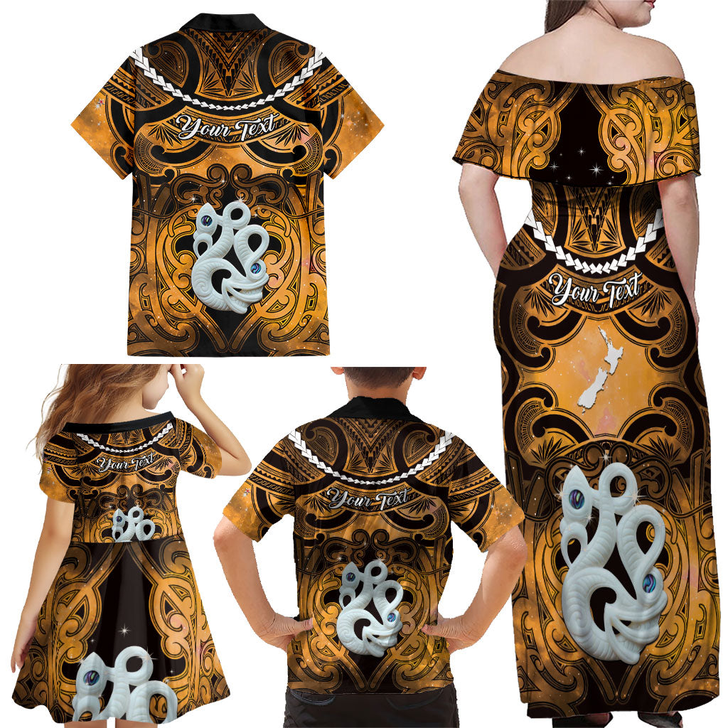 Personalised Maori Matariki Manaia Kowhai Family Matching Off Shoulder Maxi Dress and Hawaiian Shirt Maori Kowhaiwhai Pattern Galaxy