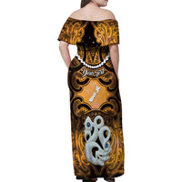 Personalised Maori Matariki Manaia Kowhai Family Matching Off Shoulder Maxi Dress and Hawaiian Shirt Maori Kowhaiwhai Pattern Galaxy