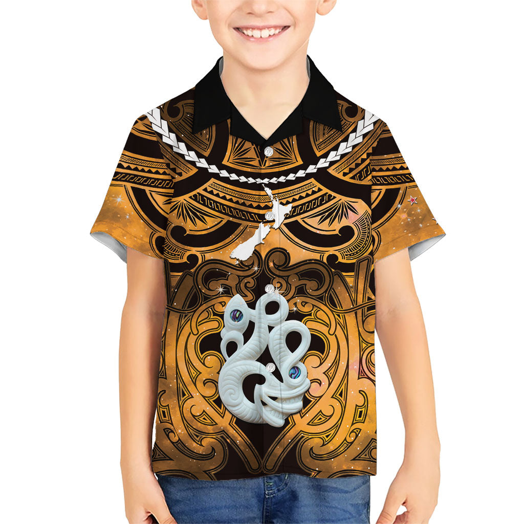 Personalised Maori Matariki Manaia Kowhai Family Matching Off Shoulder Short Dress and Hawaiian Shirt Maori Kowhaiwhai Pattern Galaxy LT01 Son's Shirt Yellow - Polynesian Pride