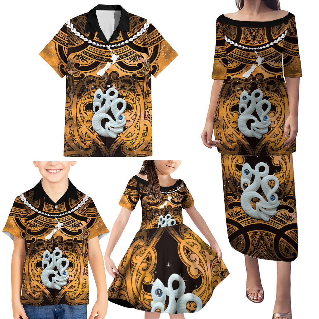 Personalised Maori Matariki Manaia Kowhai Family Matching Puletasi and Hawaiian Shirt Maori Kowhaiwhai Pattern Galaxy