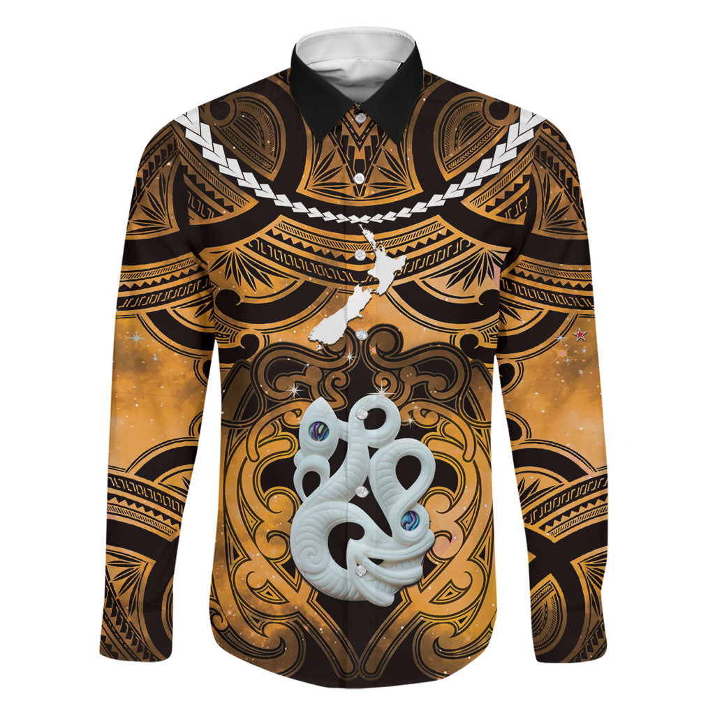 Personalised Maori Matariki Manaia Kowhai Family Matching Short Sleeve Bodycon Dress and Hawaiian Shirt Maori Kowhaiwhai Pattern Galaxy LT01 Dad's Shirt - Long Sleeve Yellow - Polynesian Pride