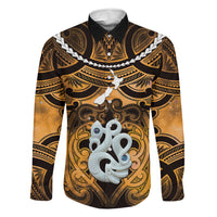 Personalised Maori Matariki Manaia Kowhai Family Matching Short Sleeve Bodycon Dress and Hawaiian Shirt Maori Kowhaiwhai Pattern Galaxy LT01 Dad's Shirt - Long Sleeve Yellow - Polynesian Pride