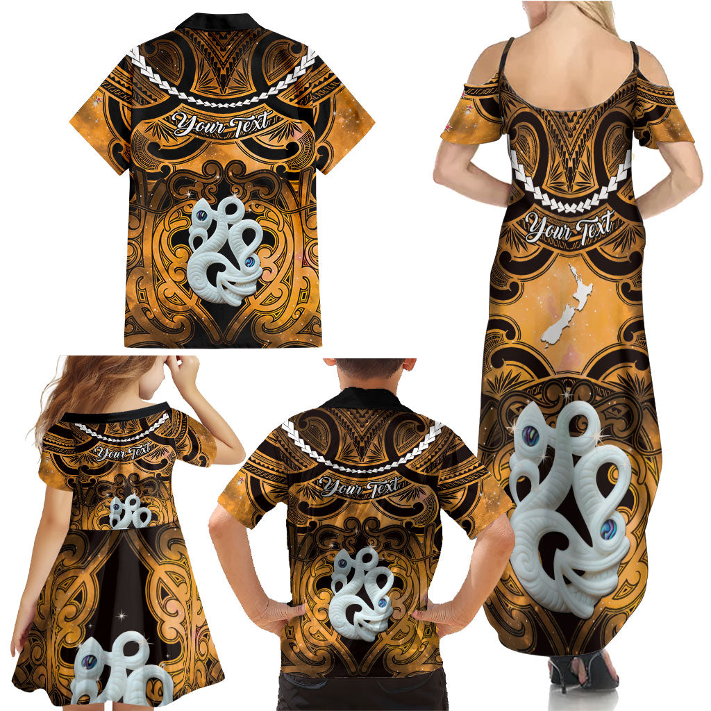 Personalised Maori Matariki Manaia Kowhai Family Matching Summer Maxi Dress and Hawaiian Shirt Maori Kowhaiwhai Pattern Galaxy
