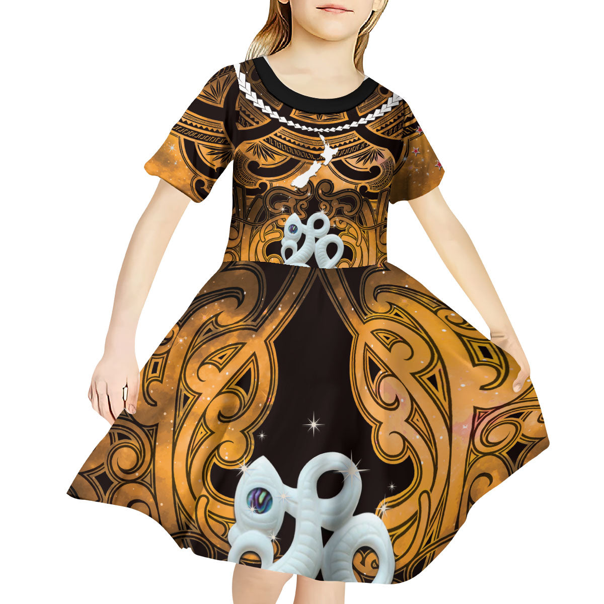 Personalised Maori Matariki Manaia Kowhai Kid Short Sleeve Dress Maori Kowhaiwhai Pattern Galaxy