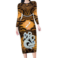 Personalised Maori Matariki Manaia Kowhai Long Sleeve Bodycon Dress Maori Kowhaiwhai Pattern Galaxy LT01 Long Dress Yellow - Polynesian Pride