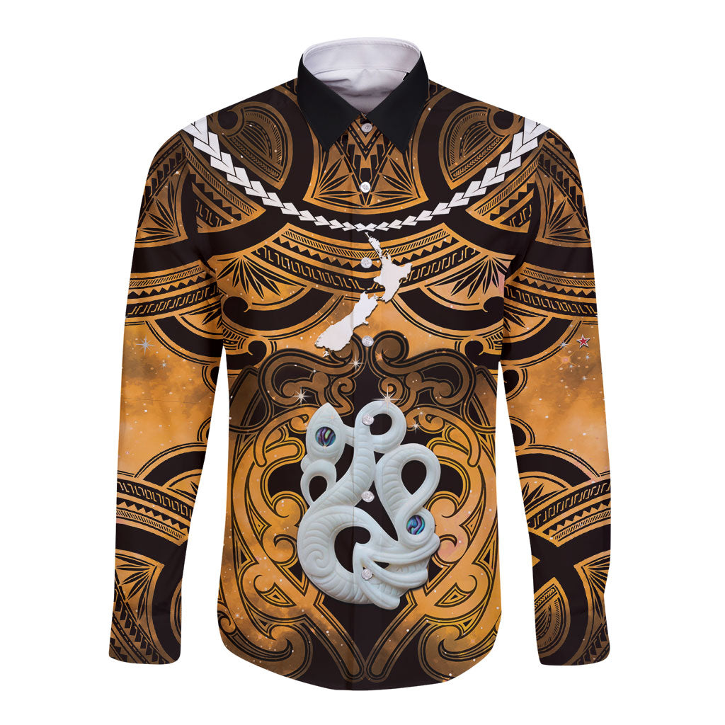 Personalised Maori Matariki Manaia Kowhai Long Sleeve Button Shirt Maori Kowhaiwhai Pattern Galaxy