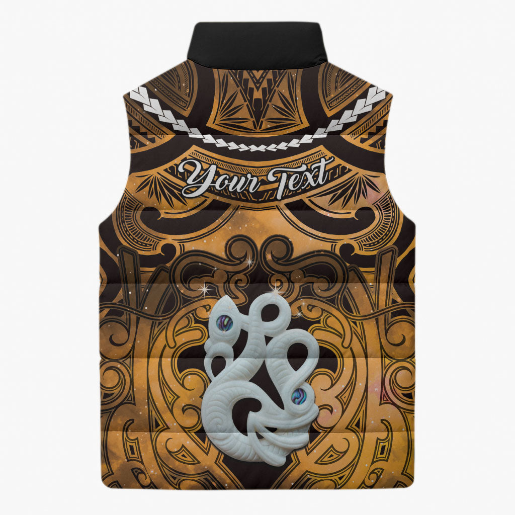 Personalised Maori Matariki Manaia Kowhai Sleeveless Puffer Jacket Maori Kowhaiwhai Pattern Galaxy