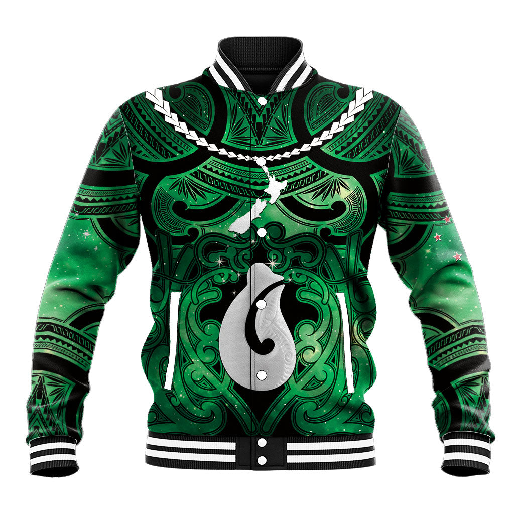 Personalised Maori Matariki Hei Matau Kakariki Baseball Jacket Maori Kowhaiwhai Pattern Galaxy LT01 Unisex Green - Polynesian Pride