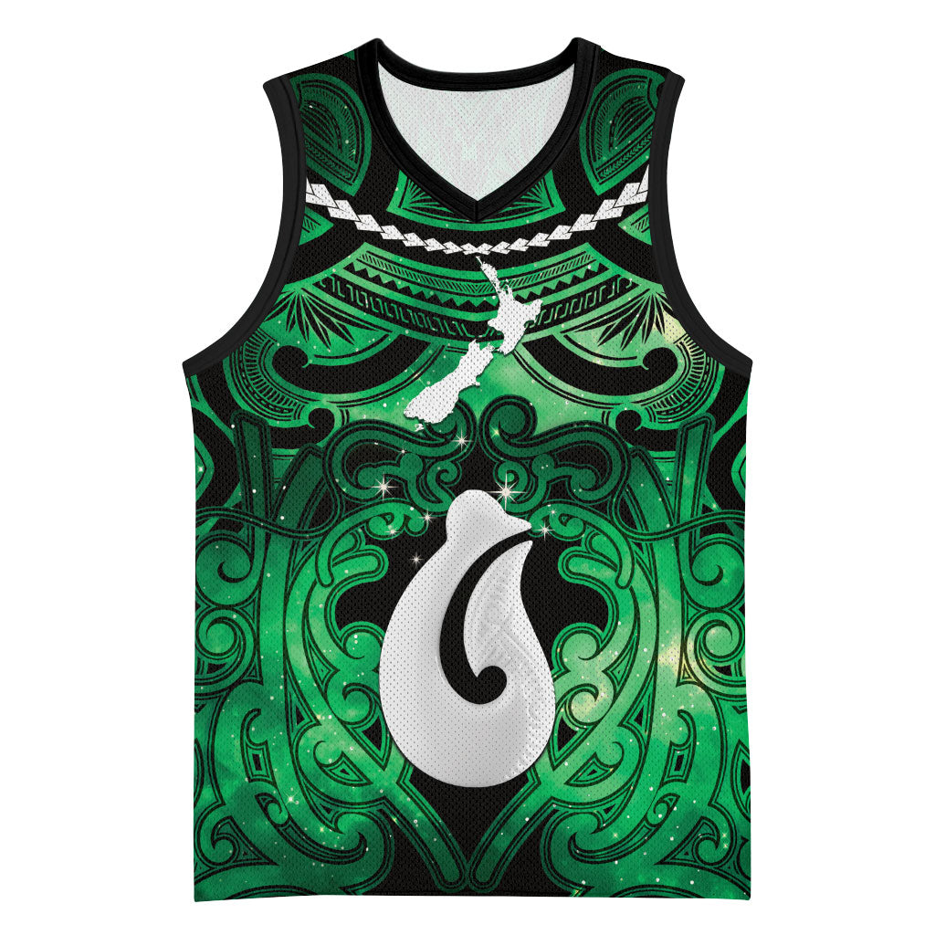 Personalised Maori Matariki Hei Matau Kakariki Basketball Jersey Maori Kowhaiwhai Pattern Galaxy