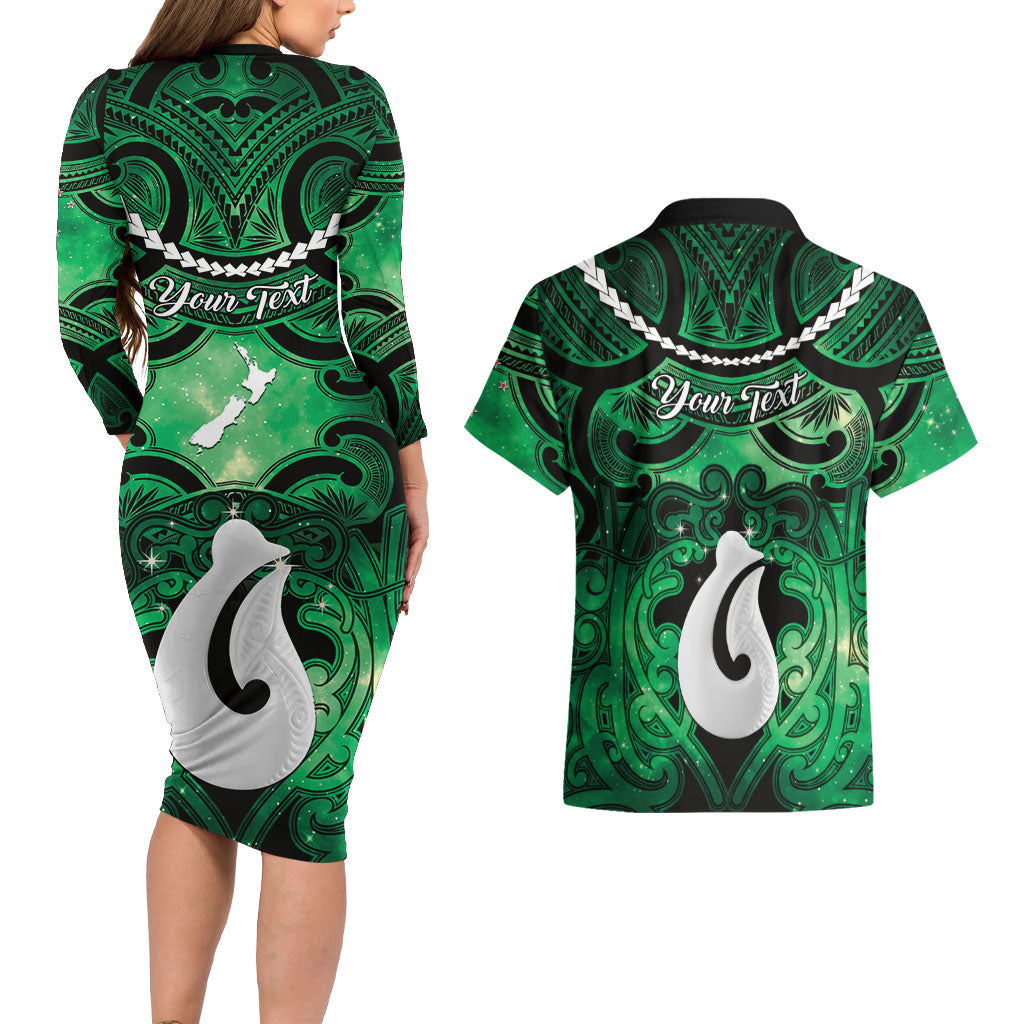 Personalised Maori Matariki Hei Matau Kakariki Couples Matching Long Sleeve Bodycon Dress and Hawaiian Shirt Maori Kowhaiwhai Pattern Galaxy