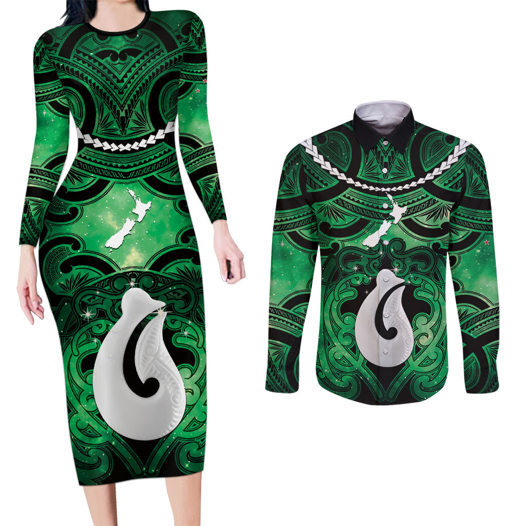 Personalised Maori Matariki Hei Matau Kakariki Couples Matching Long Sleeve Bodycon Dress and Long Sleeve Button Shirt Maori Kowhaiwhai Pattern Galaxy LT01 Green - Polynesian Pride