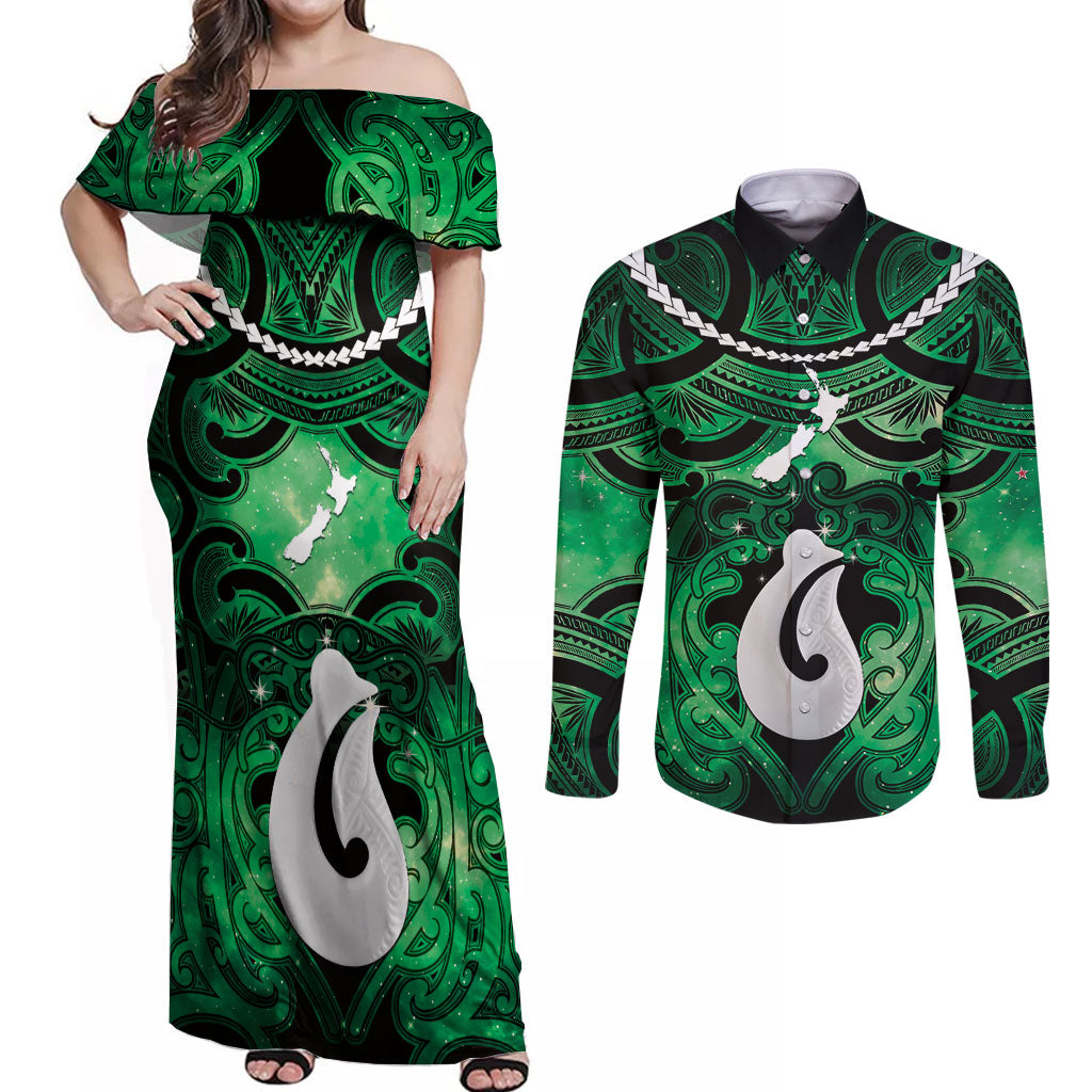 Personalised Maori Matariki Hei Matau Kakariki Couples Matching Off Shoulder Maxi Dress and Long Sleeve Button Shirt Maori Kowhaiwhai Pattern Galaxy LT01 Green - Polynesian Pride