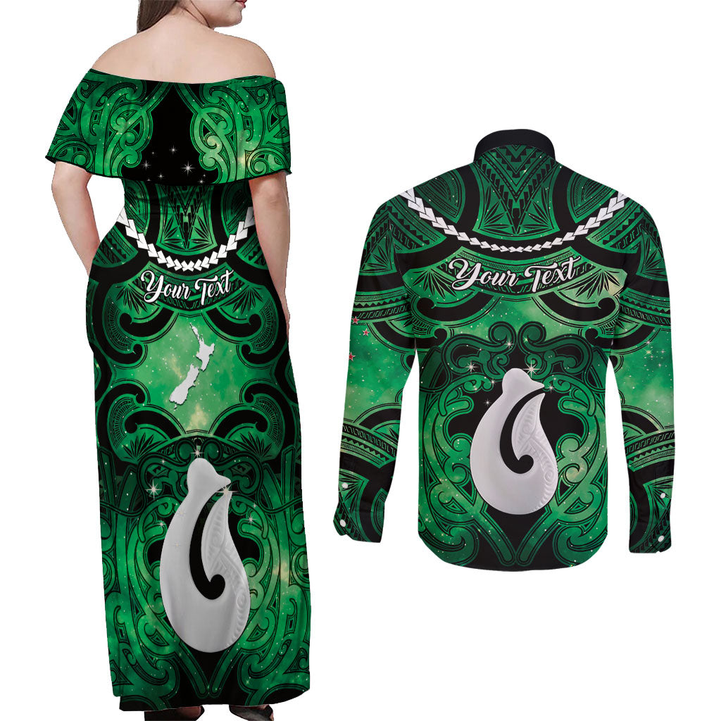 Personalised Maori Matariki Hei Matau Kakariki Couples Matching Off Shoulder Maxi Dress and Long Sleeve Button Shirt Maori Kowhaiwhai Pattern Galaxy LT01 - Polynesian Pride