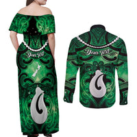 Personalised Maori Matariki Hei Matau Kakariki Couples Matching Off Shoulder Maxi Dress and Long Sleeve Button Shirt Maori Kowhaiwhai Pattern Galaxy LT01 - Polynesian Pride