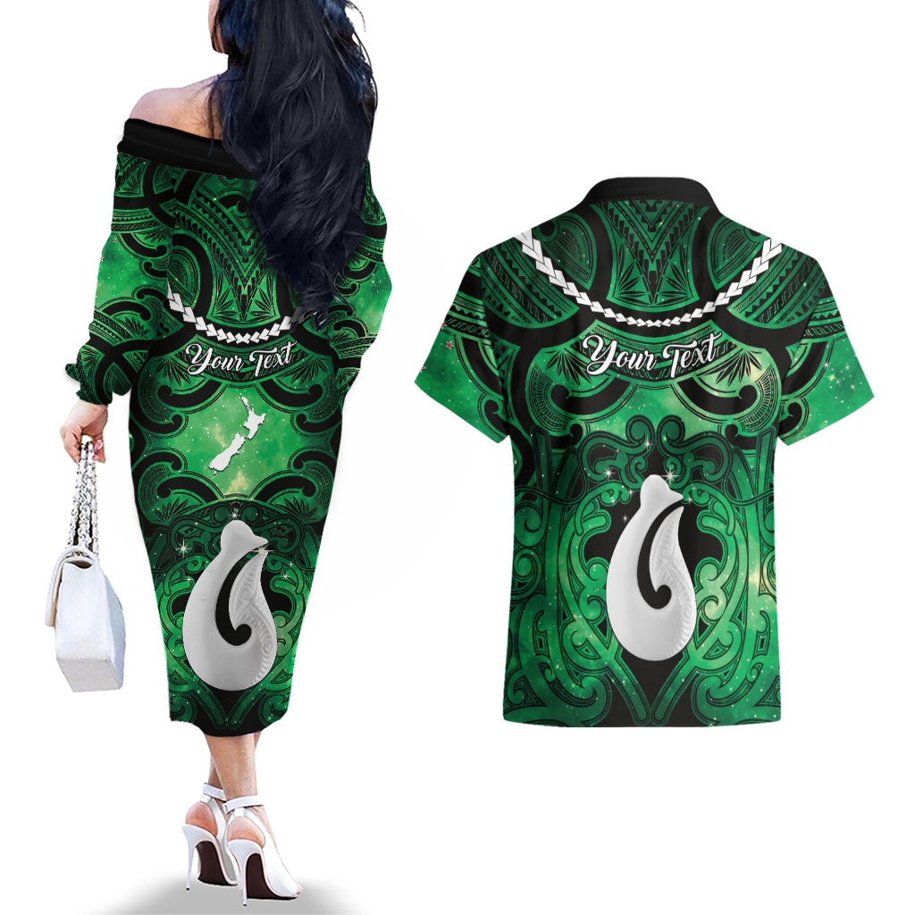 Personalised Maori Matariki Hei Matau Kakariki Couples Matching Off The Shoulder Long Sleeve Dress and Hawaiian Shirt Maori Kowhaiwhai Pattern Galaxy