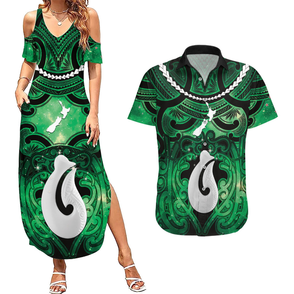 Personalised Maori Matariki Hei Matau Kakariki Couples Matching Summer Maxi Dress and Hawaiian Shirt Maori Kowhaiwhai Pattern Galaxy LT01 Green - Polynesian Pride