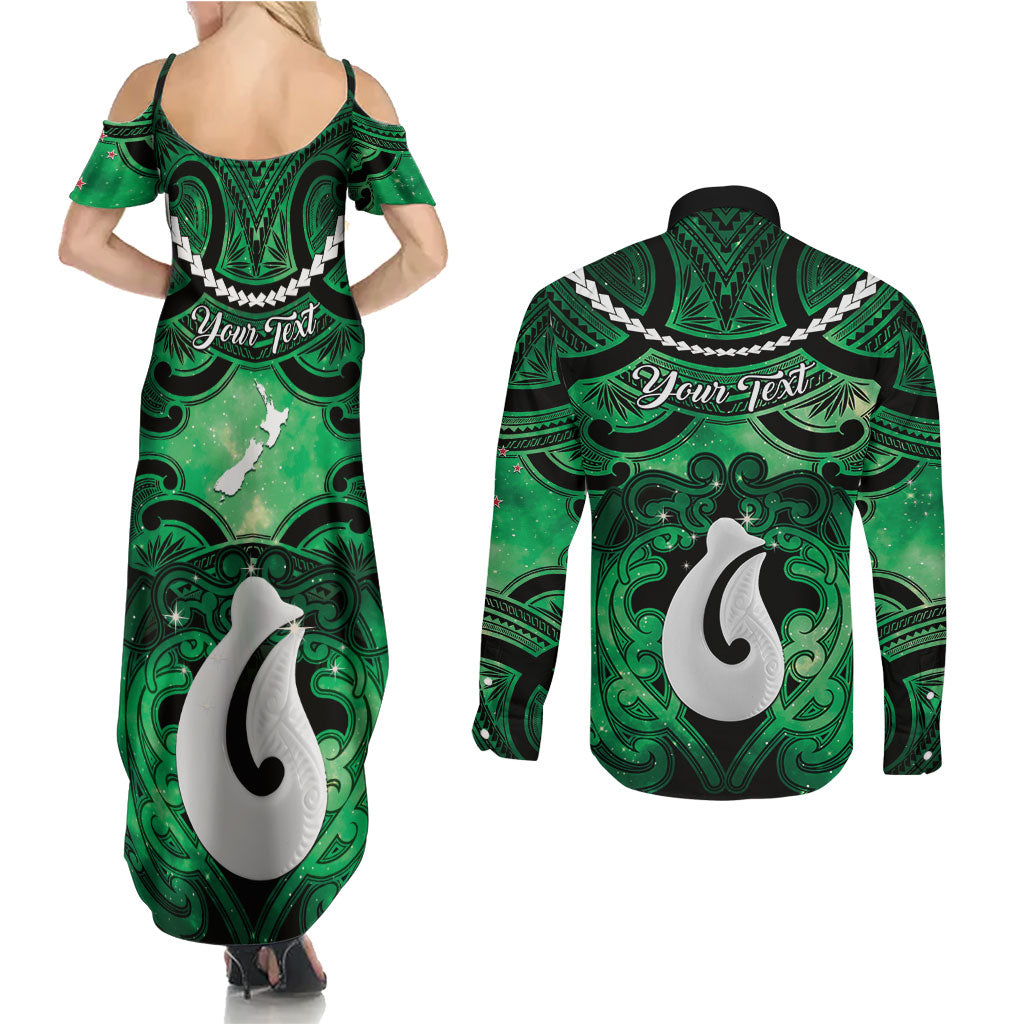 Personalised Maori Matariki Hei Matau Kakariki Couples Matching Summer Maxi Dress and Long Sleeve Button Shirt Maori Kowhaiwhai Pattern Galaxy LT01 - Polynesian Pride