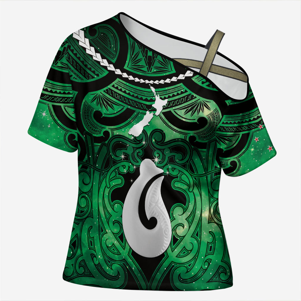 Personalised Maori Matariki Hei Matau Kakariki Cross Shoulder Shirt Maori Kowhaiwhai Pattern Galaxy
