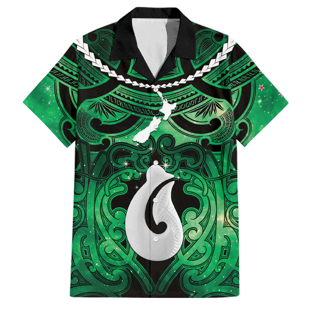 Personalised Maori Matariki Hei Matau Kakariki Family Matching Off The Shoulder Long Sleeve Dress and Hawaiian Shirt Maori Kowhaiwhai Pattern Galaxy LT01 Dad's Shirt - Short Sleeve Green - Polynesian Pride