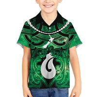 Personalised Maori Matariki Hei Matau Kakariki Family Matching Off Shoulder Maxi Dress and Hawaiian Shirt Maori Kowhaiwhai Pattern Galaxy LT01 Son's Shirt Green - Polynesian Pride