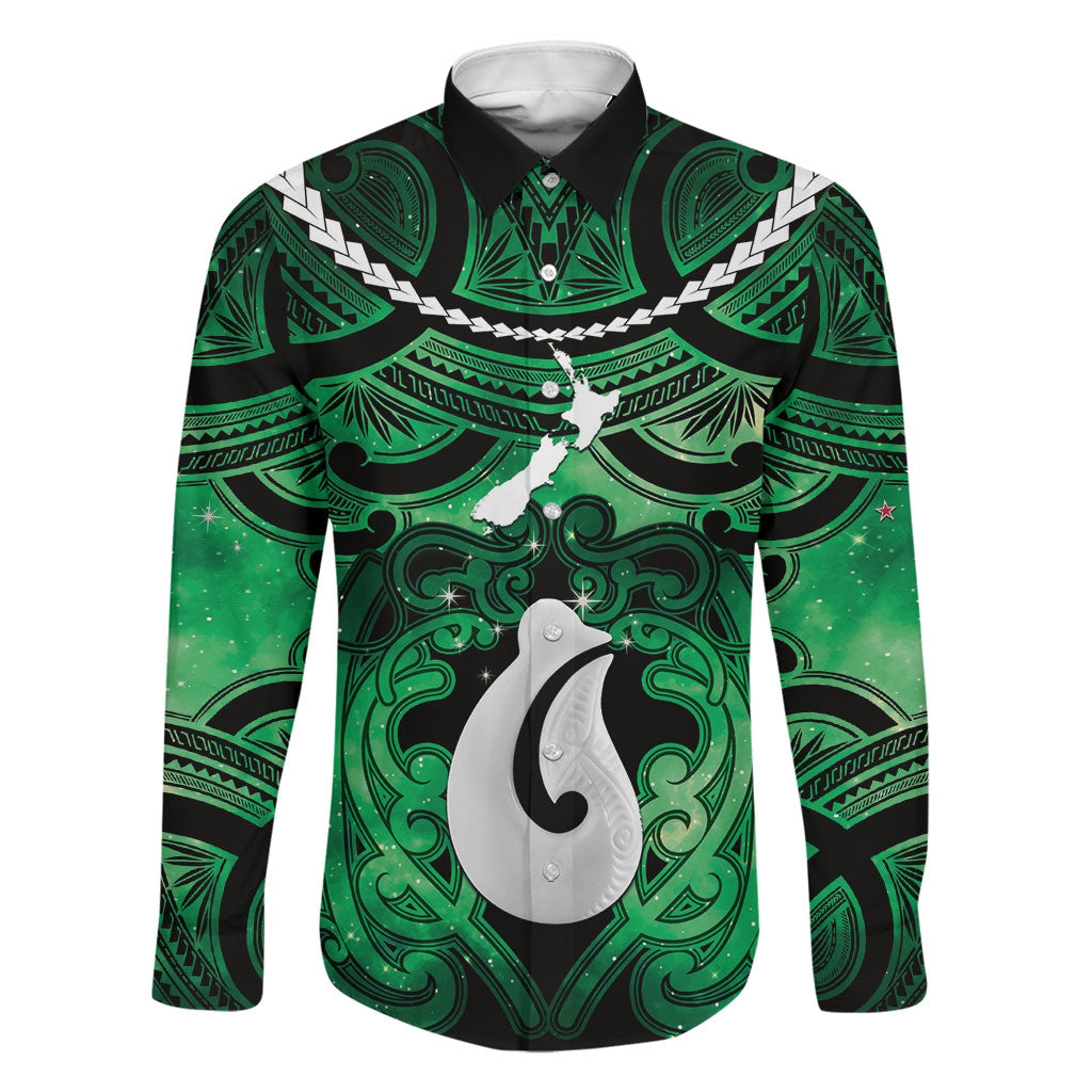 Personalised Maori Matariki Hei Matau Kakariki Family Matching Off Shoulder Short Dress and Hawaiian Shirt Maori Kowhaiwhai Pattern Galaxy LT01 Dad's Shirt - Long Sleeve Green - Polynesian Pride