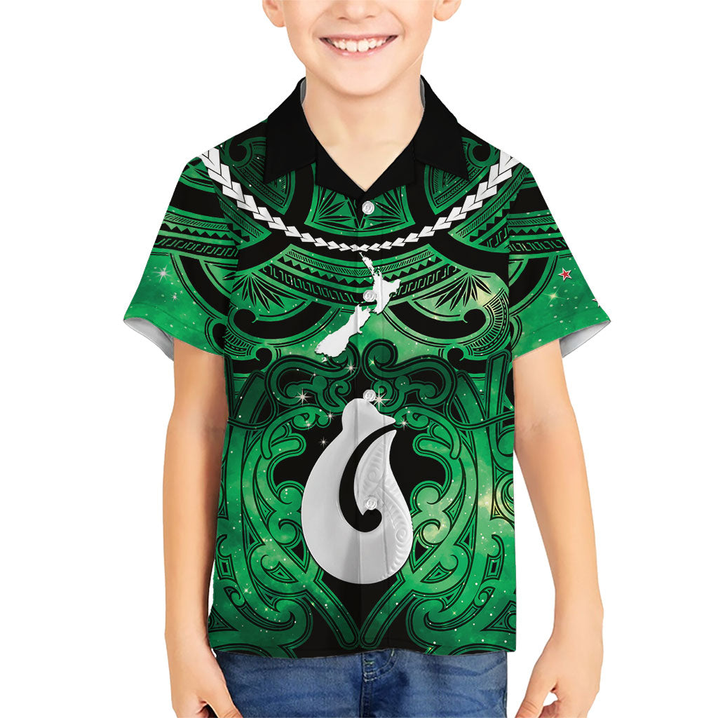 Personalised Maori Matariki Hei Matau Kakariki Family Matching Off Shoulder Short Dress and Hawaiian Shirt Maori Kowhaiwhai Pattern Galaxy LT01 Son's Shirt Green - Polynesian Pride