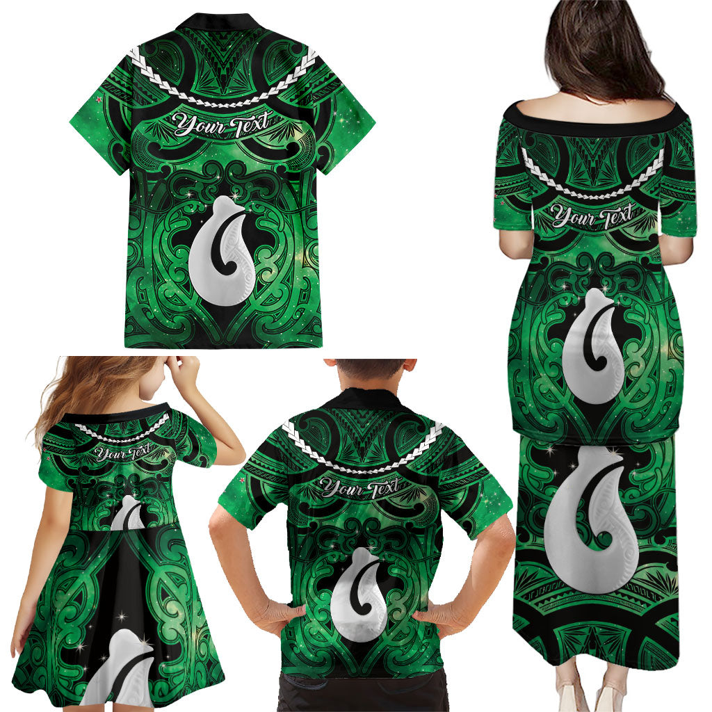 Personalised Maori Matariki Hei Matau Kakariki Family Matching Puletasi and Hawaiian Shirt Maori Kowhaiwhai Pattern Galaxy