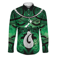 Personalised Maori Matariki Hei Matau Kakariki Family Matching Summer Maxi Dress and Hawaiian Shirt Maori Kowhaiwhai Pattern Galaxy LT01 Dad's Shirt - Long Sleeve Green - Polynesian Pride