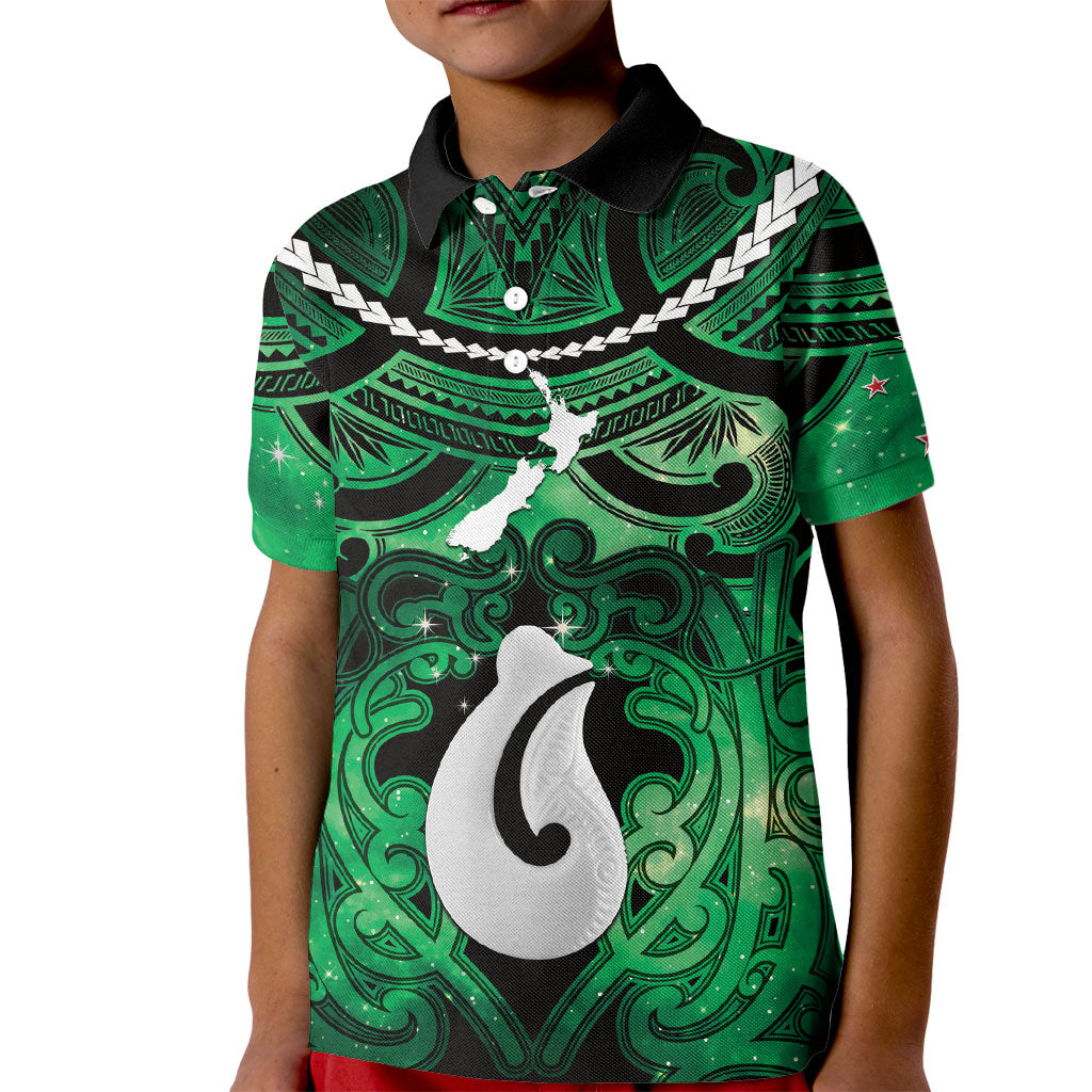Personalised Maori Matariki Hei Matau Kakariki Kid Polo Shirt Maori Kowhaiwhai Pattern Galaxy