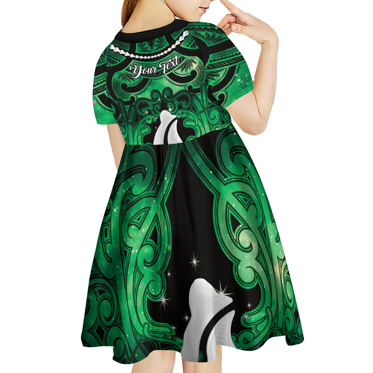 Personalised Maori Matariki Hei Matau Kakariki Kid Short Sleeve Dress Maori Kowhaiwhai Pattern Galaxy LT01 - Polynesian Pride