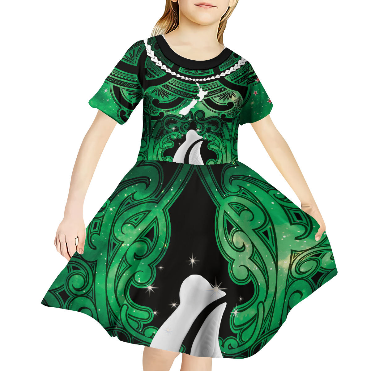Personalised Maori Matariki Hei Matau Kakariki Kid Short Sleeve Dress Maori Kowhaiwhai Pattern Galaxy LT01 - Polynesian Pride