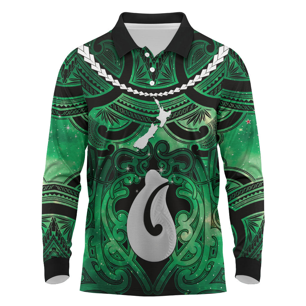 Personalised Maori Matariki Hei Matau Kakariki Long Sleeve Polo Shirt Maori Kowhaiwhai Pattern Galaxy LT01 Green - Polynesian Pride