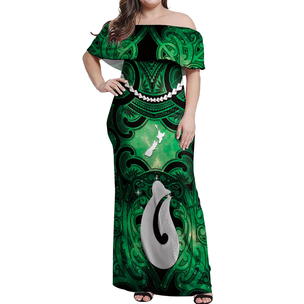Personalised Maori Matariki Hei Matau Kakariki Off Shoulder Maxi Dress Maori Kowhaiwhai Pattern Galaxy