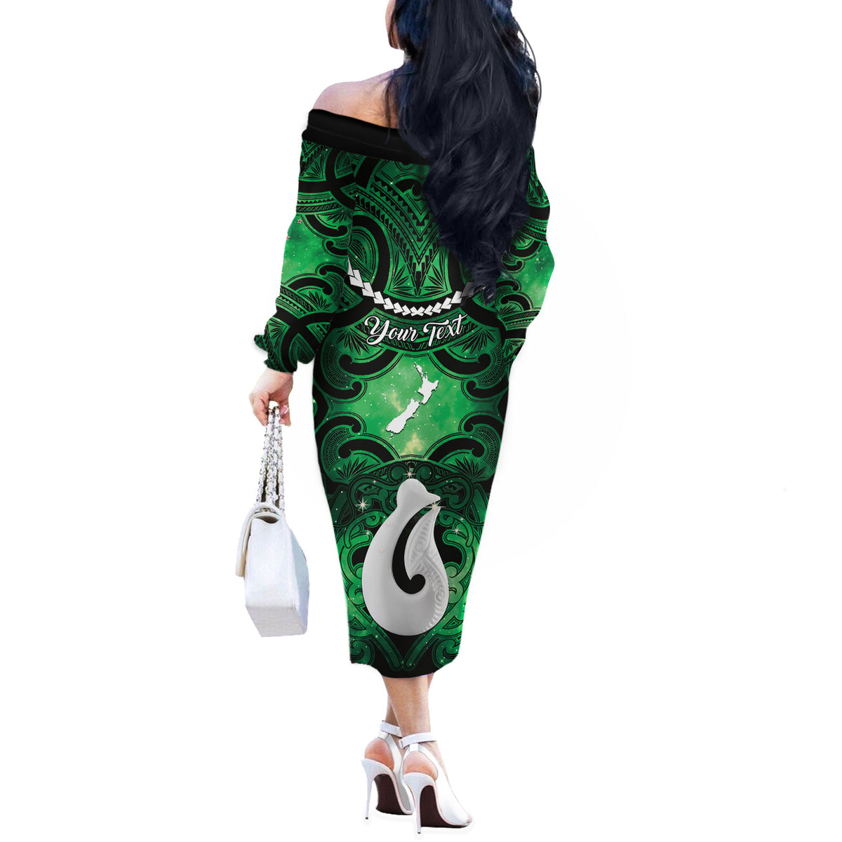 Personalised Maori Matariki Hei Matau Kakariki Off The Shoulder Long Sleeve Dress Maori Kowhaiwhai Pattern Galaxy LT01 - Polynesian Pride