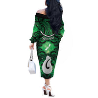 Personalised Maori Matariki Hei Matau Kakariki Off The Shoulder Long Sleeve Dress Maori Kowhaiwhai Pattern Galaxy LT01 - Polynesian Pride