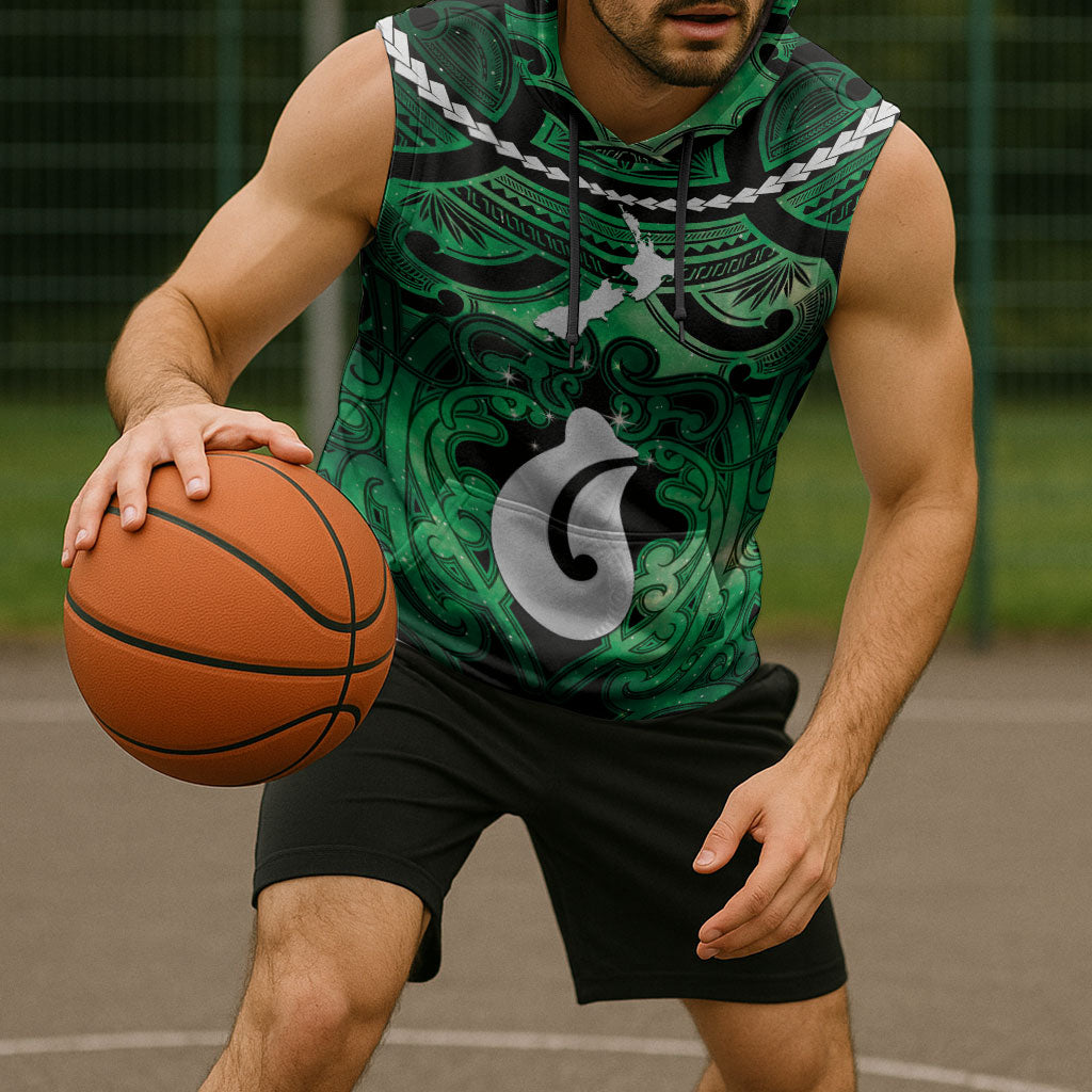 Personalised Maori Matariki Hei Matau Kakariki Sleeveless Hoodie Maori Kowhaiwhai Pattern Galaxy LT01 - Polynesian Pride
