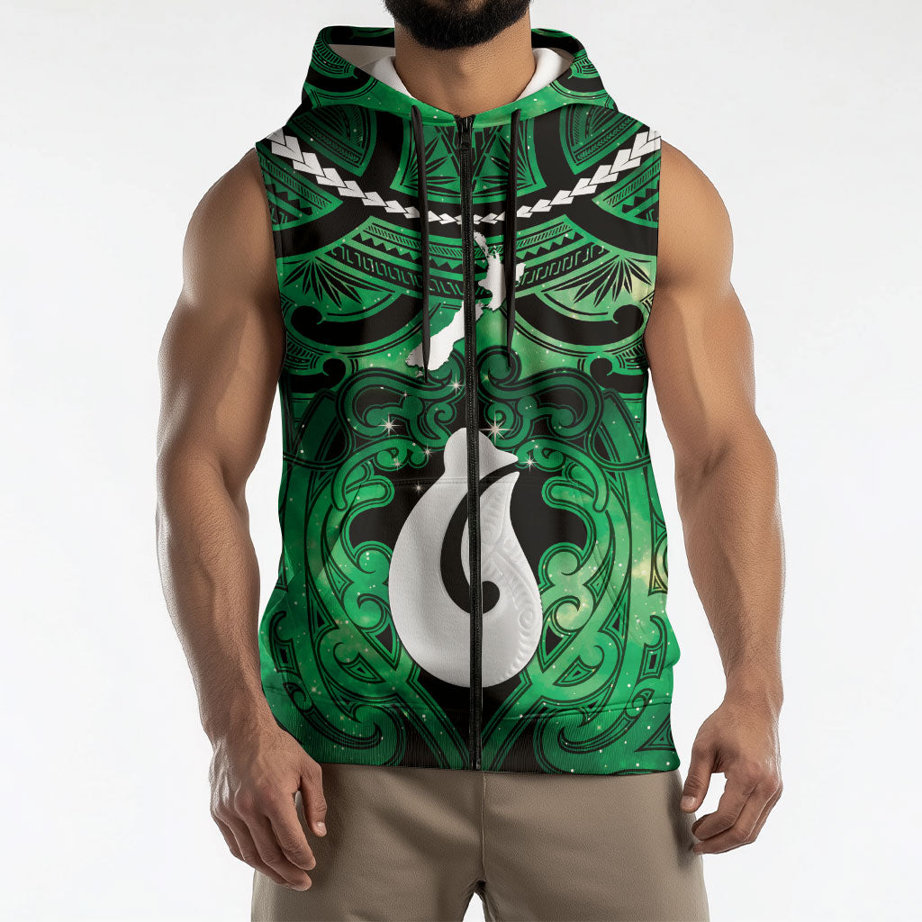 Personalised Maori Matariki Hei Matau Kakariki Sleeveless Zip Hoodie Maori Kowhaiwhai Pattern Galaxy LT01 - Polynesian Pride