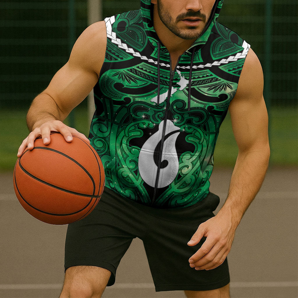 Personalised Maori Matariki Hei Matau Kakariki Sleeveless Zip Hoodie Maori Kowhaiwhai Pattern Galaxy LT01 - Polynesian Pride