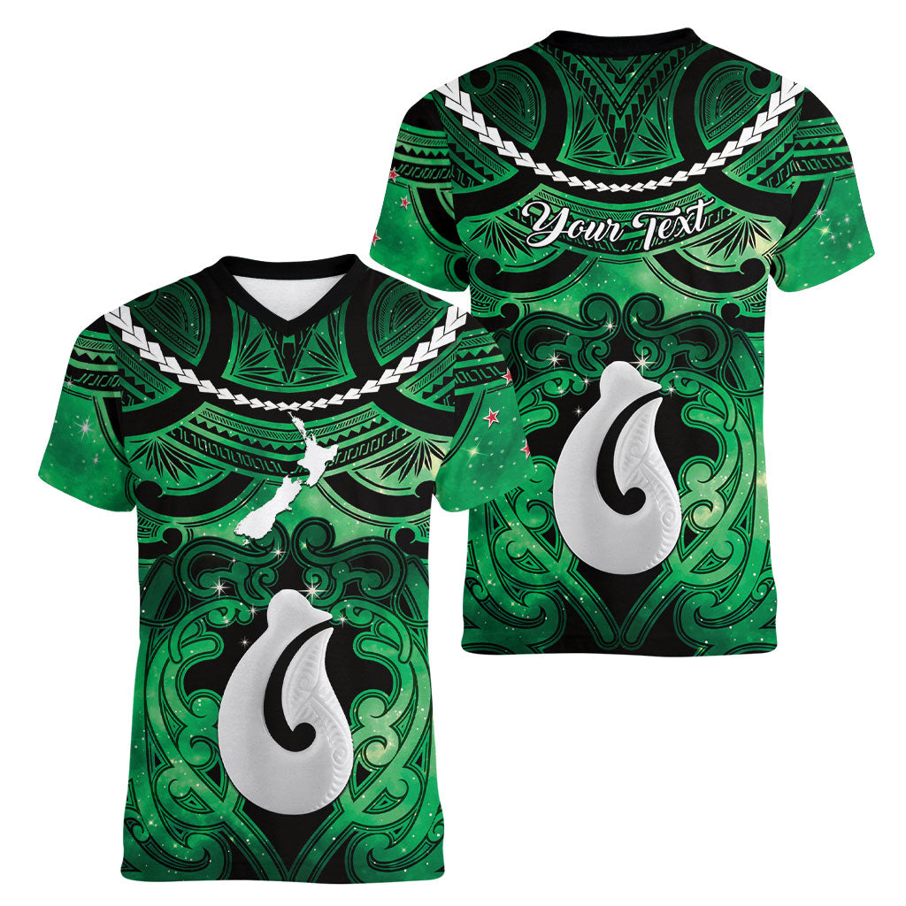 Personalised Maori Matariki Hei Matau Kakariki Women V-Neck T-Shirt Maori Kowhaiwhai Pattern Galaxy LT01 - Polynesian Pride