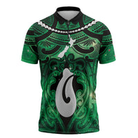 Personalised Maori Matariki Hei Matau Kakariki Zipper Polo Shirt Maori Kowhaiwhai Pattern Galaxy LT01 Green - Polynesian Pride