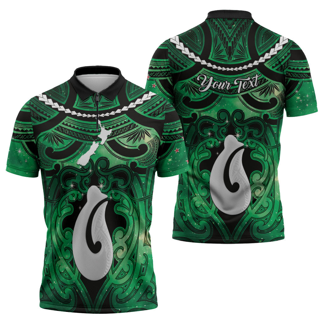 Personalised Maori Matariki Hei Matau Kakariki Zipper Polo Shirt Maori Kowhaiwhai Pattern Galaxy LT01 - Polynesian Pride