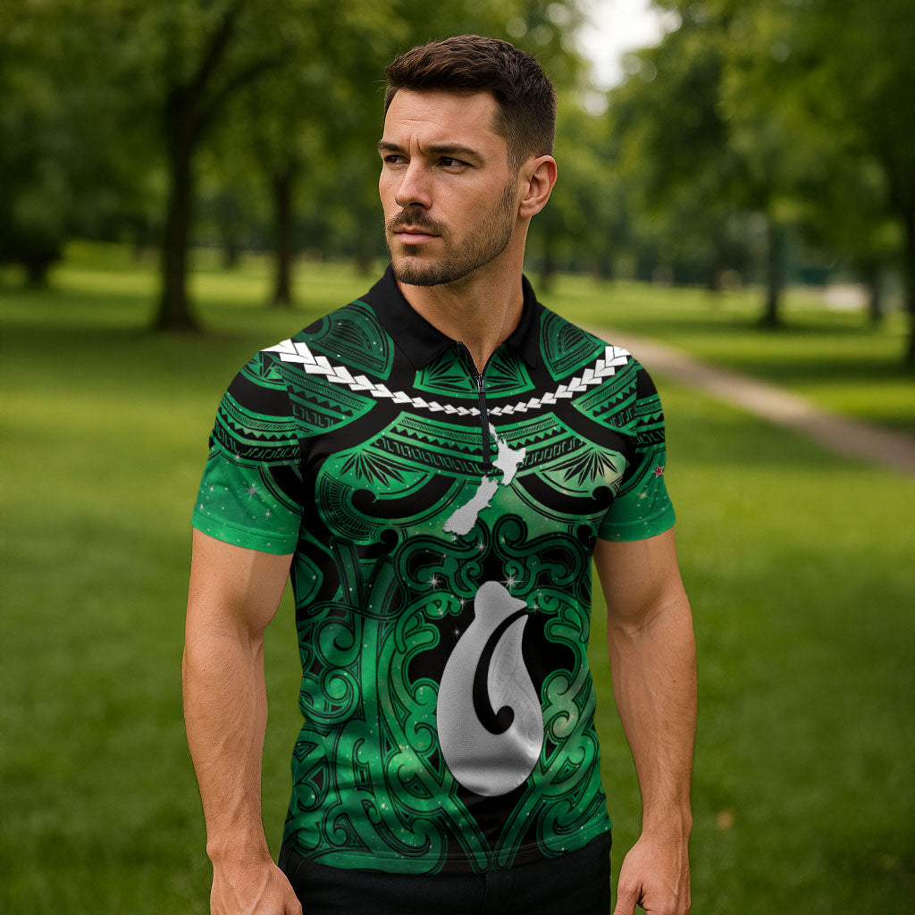 Personalised Maori Matariki Hei Matau Kakariki Zipper Polo Shirt Maori Kowhaiwhai Pattern Galaxy LT01 - Polynesian Pride