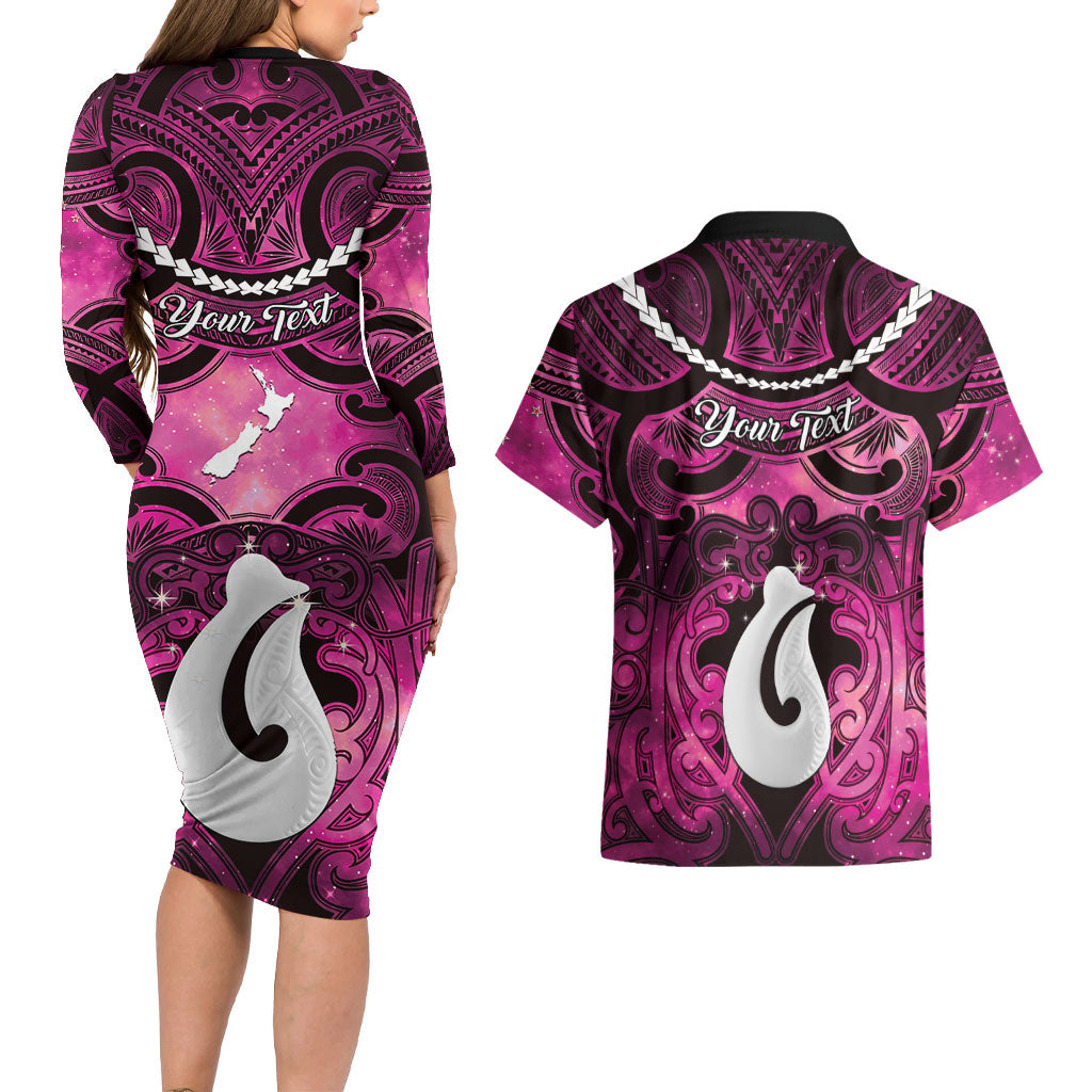 Personalised Maori Matariki Hei Matau Mawhero Couples Matching Long Sleeve Bodycon Dress and Hawaiian Shirt Maori Kowhaiwhai Pattern Galaxy