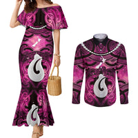 Personalised Maori Matariki Hei Matau Mawhero Couples Matching Mermaid Dress and Long Sleeve Button Shirt Maori Kowhaiwhai Pattern Galaxy LT01 Pink - Polynesian Pride