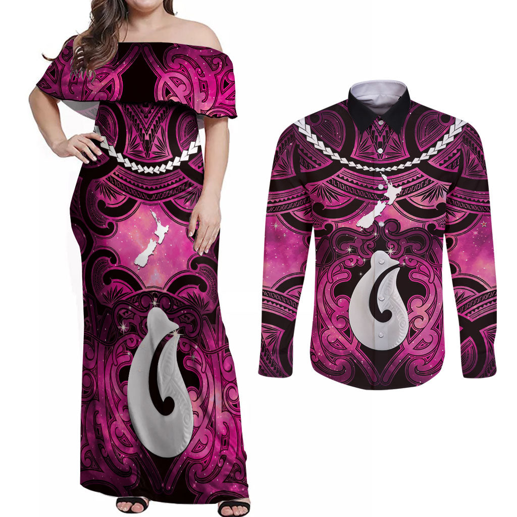 Personalised Maori Matariki Hei Matau Mawhero Couples Matching Off Shoulder Maxi Dress and Long Sleeve Button Shirt Maori Kowhaiwhai Pattern Galaxy