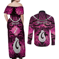 Personalised Maori Matariki Hei Matau Mawhero Couples Matching Off Shoulder Maxi Dress and Long Sleeve Button Shirt Maori Kowhaiwhai Pattern Galaxy LT01 - Polynesian Pride