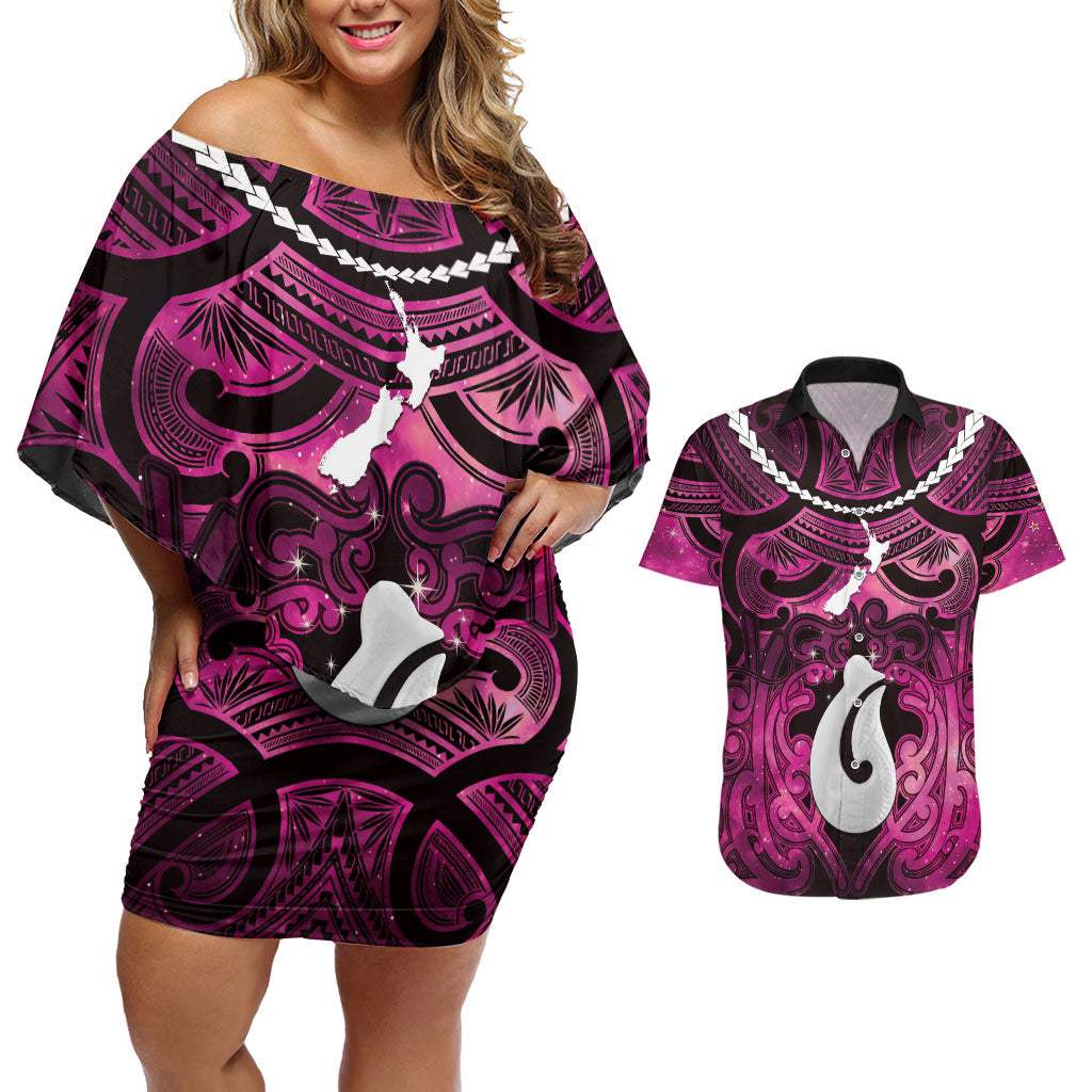 Personalised Maori Matariki Hei Matau Mawhero Couples Matching Off Shoulder Short Dress and Hawaiian Shirt Maori Kowhaiwhai Pattern Galaxy